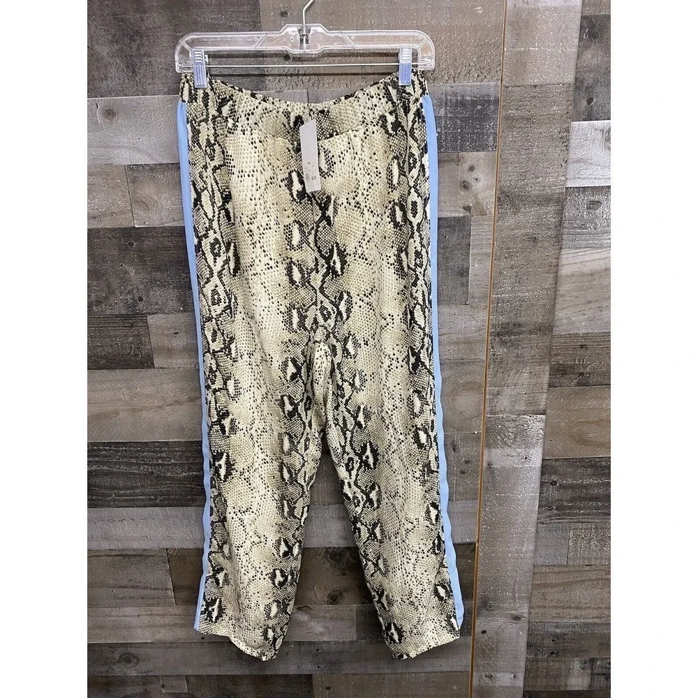 Honey Punch Brown Blue Pin Stripe Animal Print Elastic Waist Pants Women’s L NEW - Picture 2 of 7